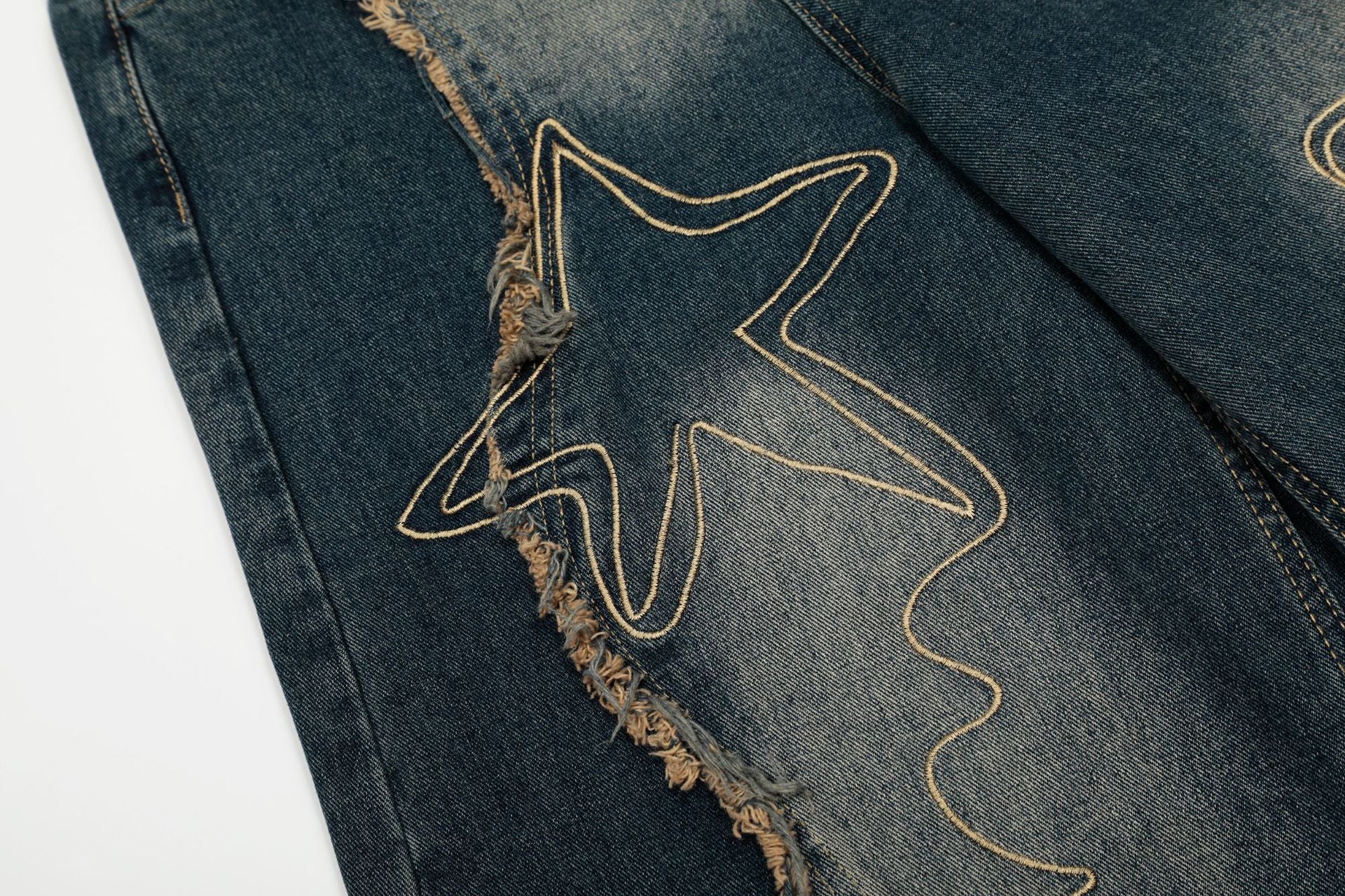 Baggy Jeans with Celestial Embroidery, Raw-Edge Seam & Wide Leg — Unisex Vintage