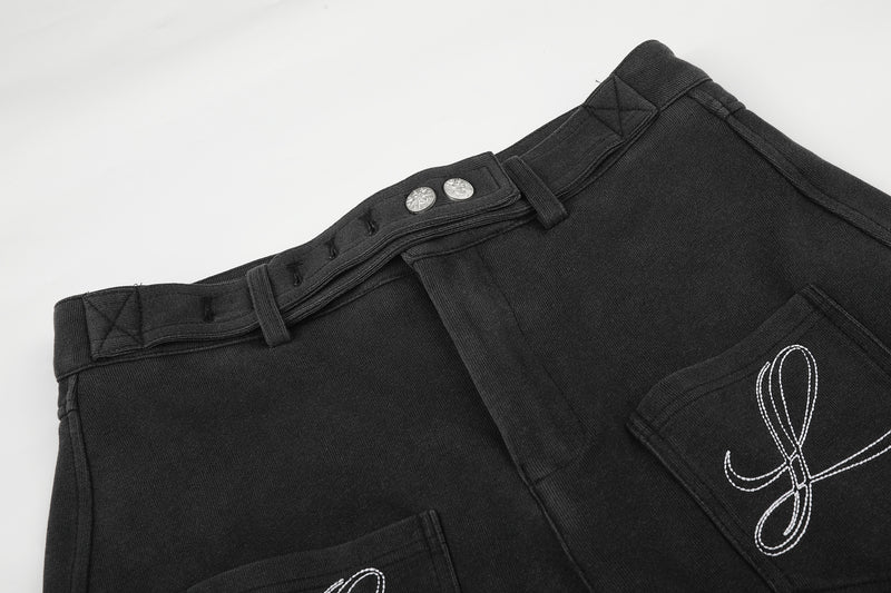 Pantalon habillé à jambes larges – Coupe baggy délavée avec poches brodées et ceinture croisée