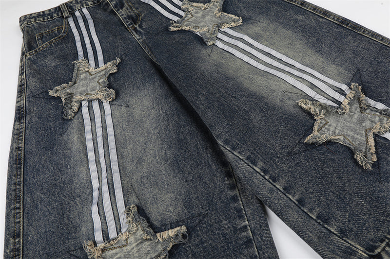 Vintage Washed Star Patch Stripe Denim Shorts