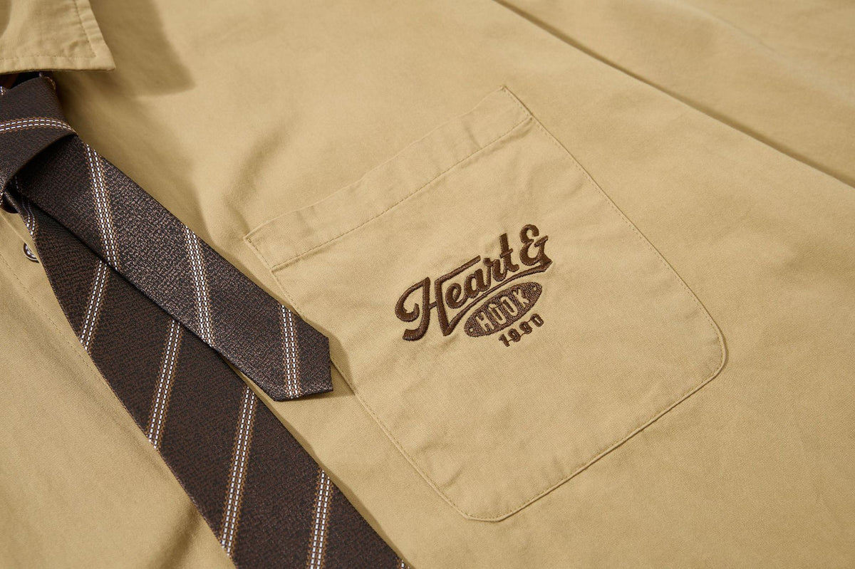 Tan Long Sleeve Shirt with Detachable Tie – Heart & Hook Embroidered Campus