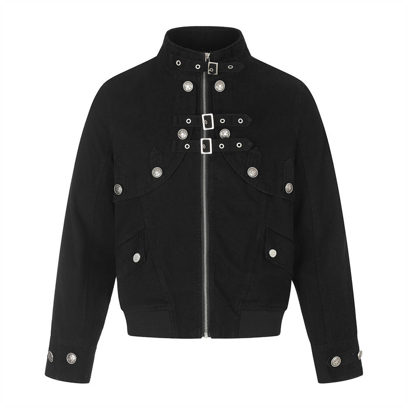 Men's Military-Inspired Short Jacket with Stand Collar, Buckle Straps & Button