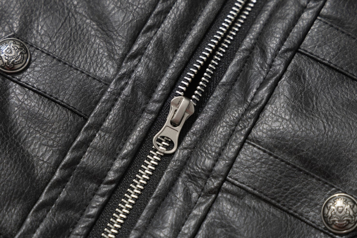 Gothic Cross Moto Jacket – Padded Faux Leather with Military Buttons & Cross