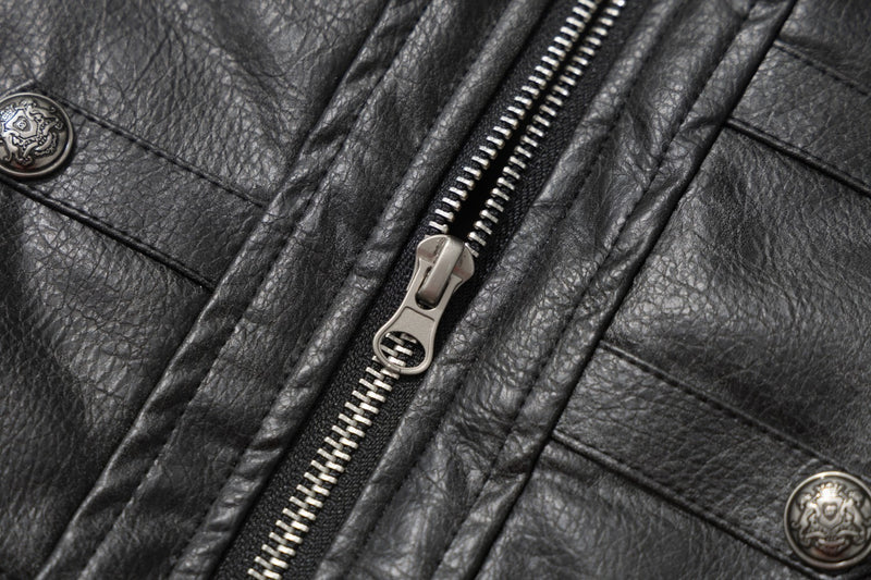 Gothic Cross Moto Jacket – Padded Faux Leather with Military Buttons & Cross