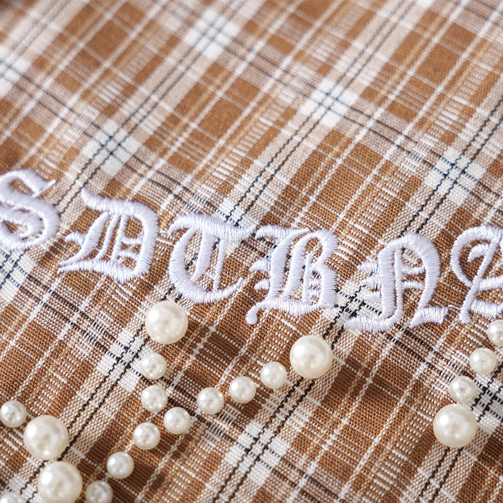 Oversized Plaid Short-Sleeve Shirt with Pearl Star Embroidery