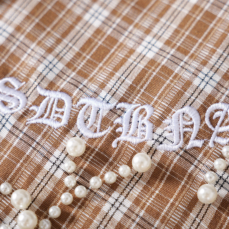 Oversized Plaid Short-Sleeve Shirt with Pearl Star Embroidery