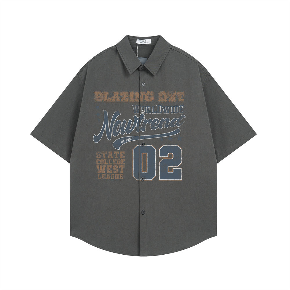 Men Short Sleeve Shirt – American Varsity Graphic Oversized Button-Down