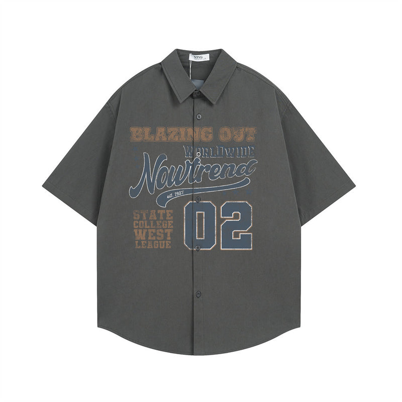 Men Short Sleeve Shirt – American Varsity Graphic Oversized Button-Down