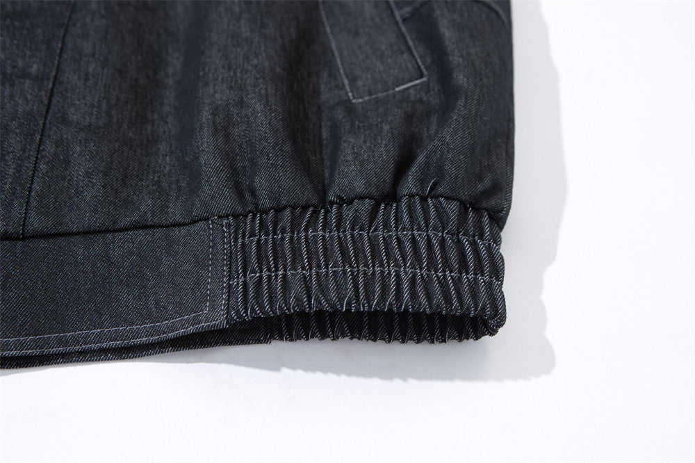 Mens Black Denim Jacket with Contrast Brown Collar & Dual Zip Closure