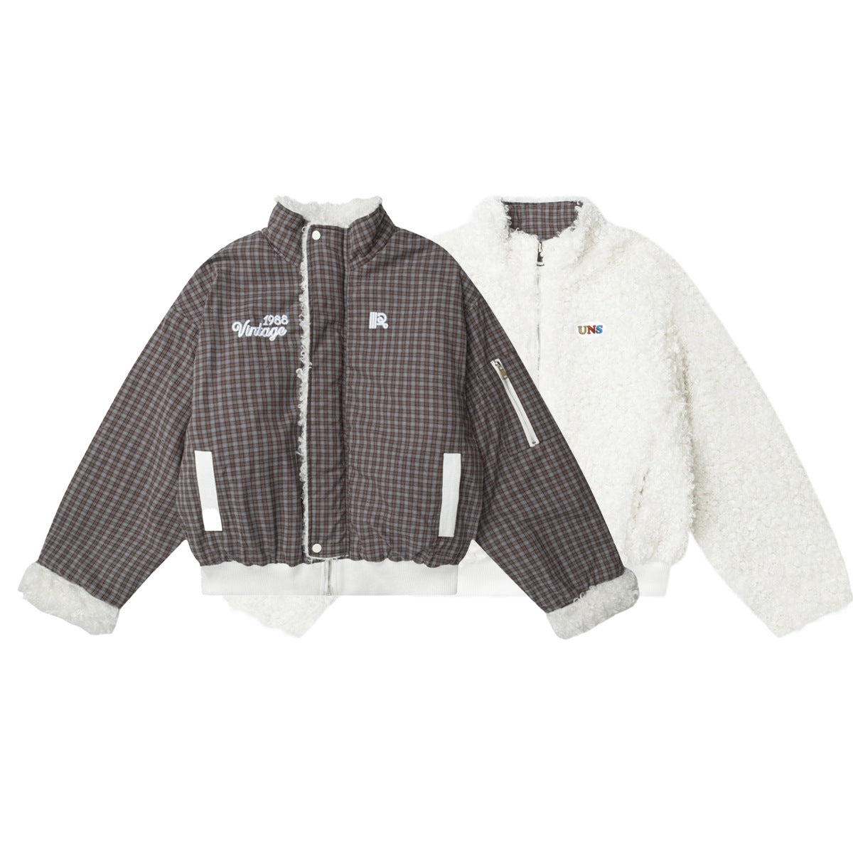 Reversible Plaid & Sherpa Bomber Jacket – Vintage 1988 Embroidered Padded Coat