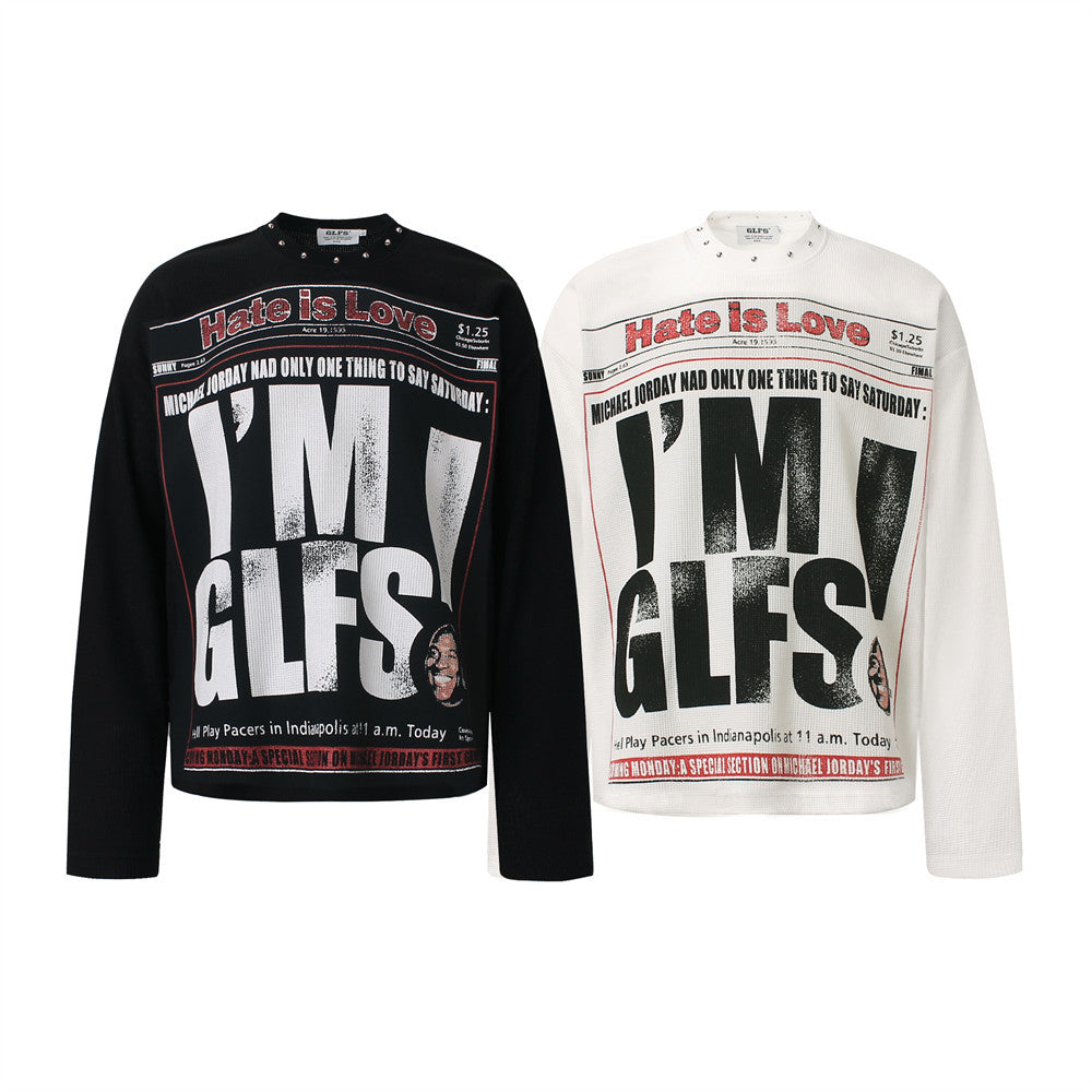 Newspaper Graphic Long Sleeve Waffle Tee – Studded Collar, Distressed Print