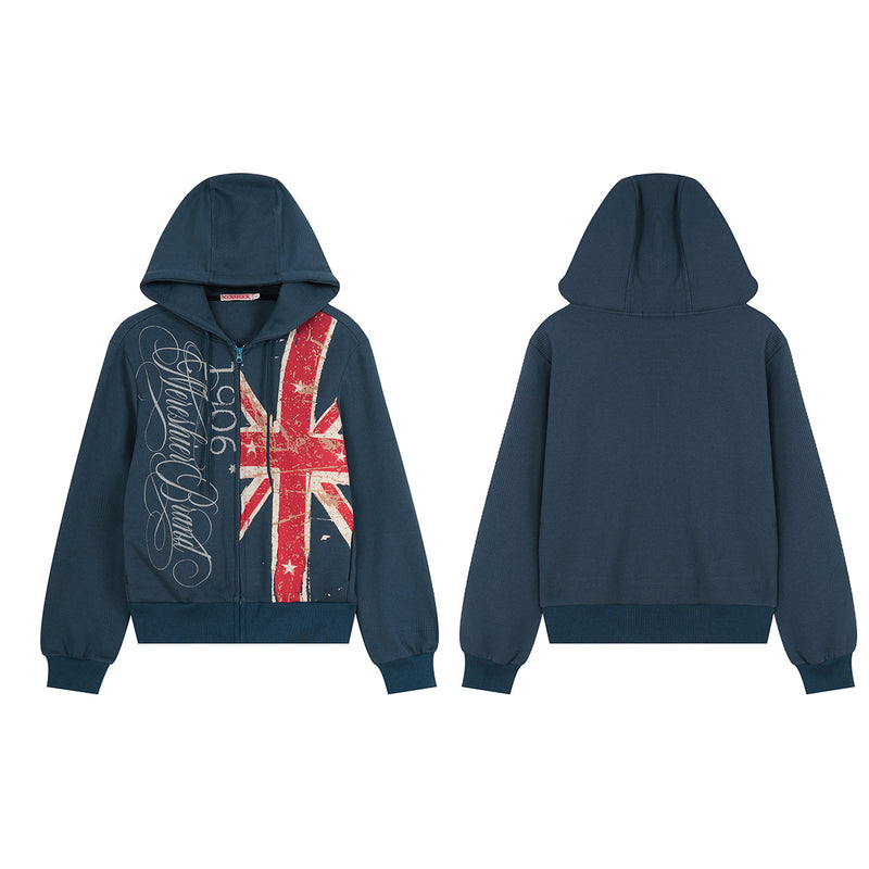 Union Jack Zip-Up Hoodie – Vintage British Flag Waffle-Knit Cardigan in Navy