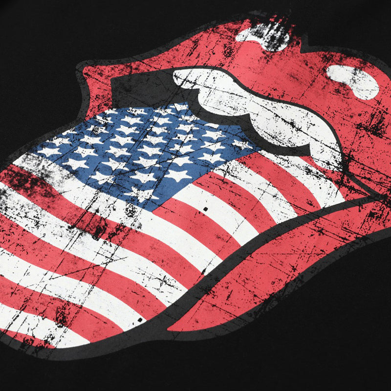 Schwarzes Herren-Poloshirt mit PU-Lederärmeln und American-Flag-Tongue-Grafik