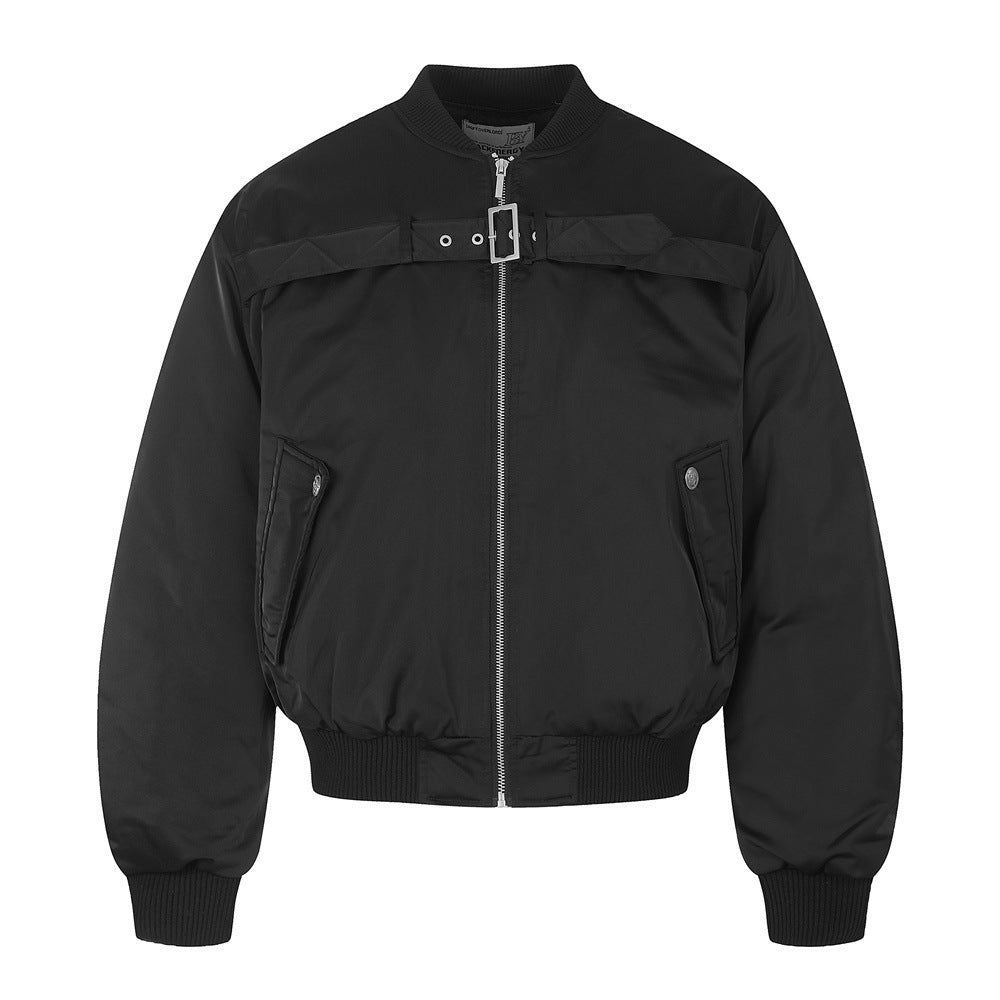 Bomber Jacket Men Oversized Buckle Strap Stand Collar Padded Outerwear