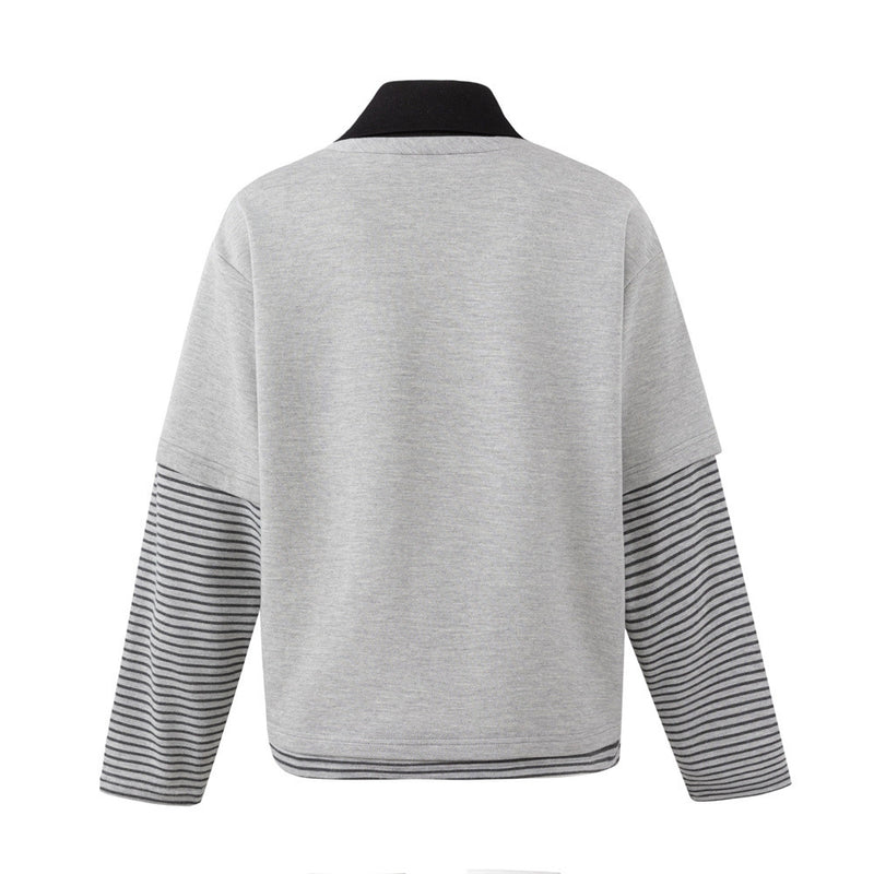 Oversized Faux Two-Piece Polo Sweatshirt with Striped Sleeves and Letter Graphic