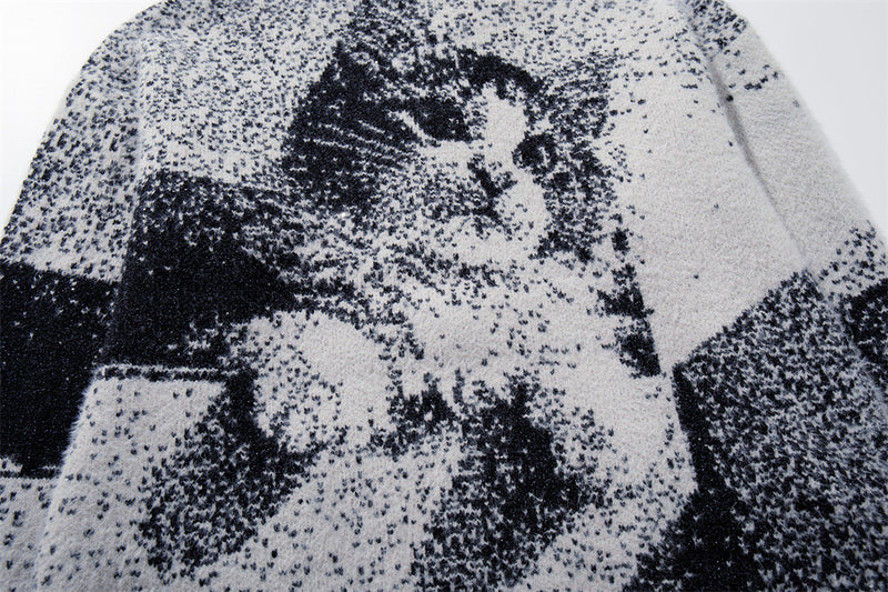 Katzen-Jacquard-Strick-Cardigan mit Reißverschluss – Oversized-Stehkragen
