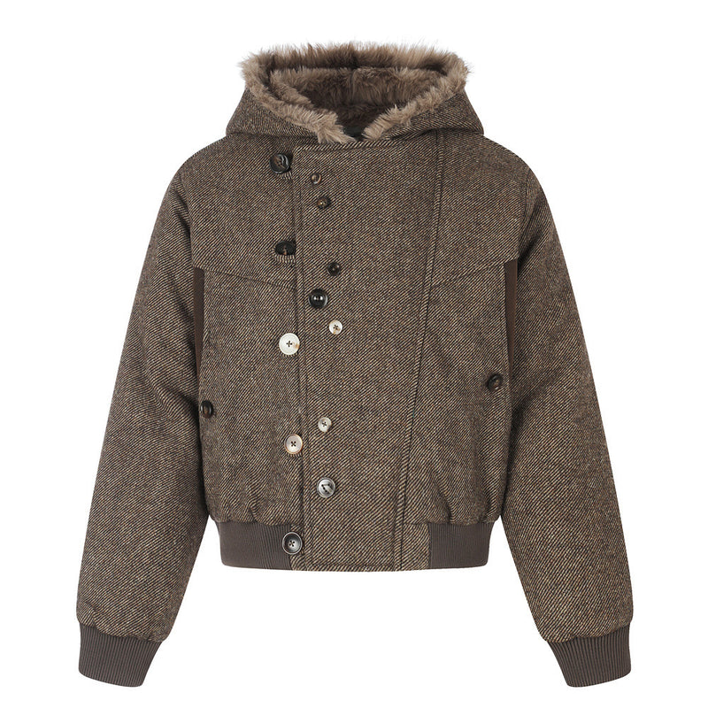 Fur-Trim Hooded Wool-Blend Bomber Jacket with Asymmetric Button Placket