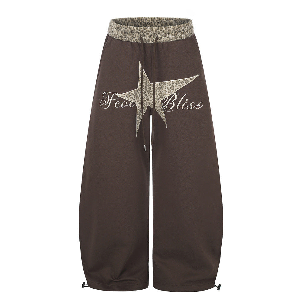Wide-Leg Sweatpants with Leopard Print Star Patch & Drawstring Waist