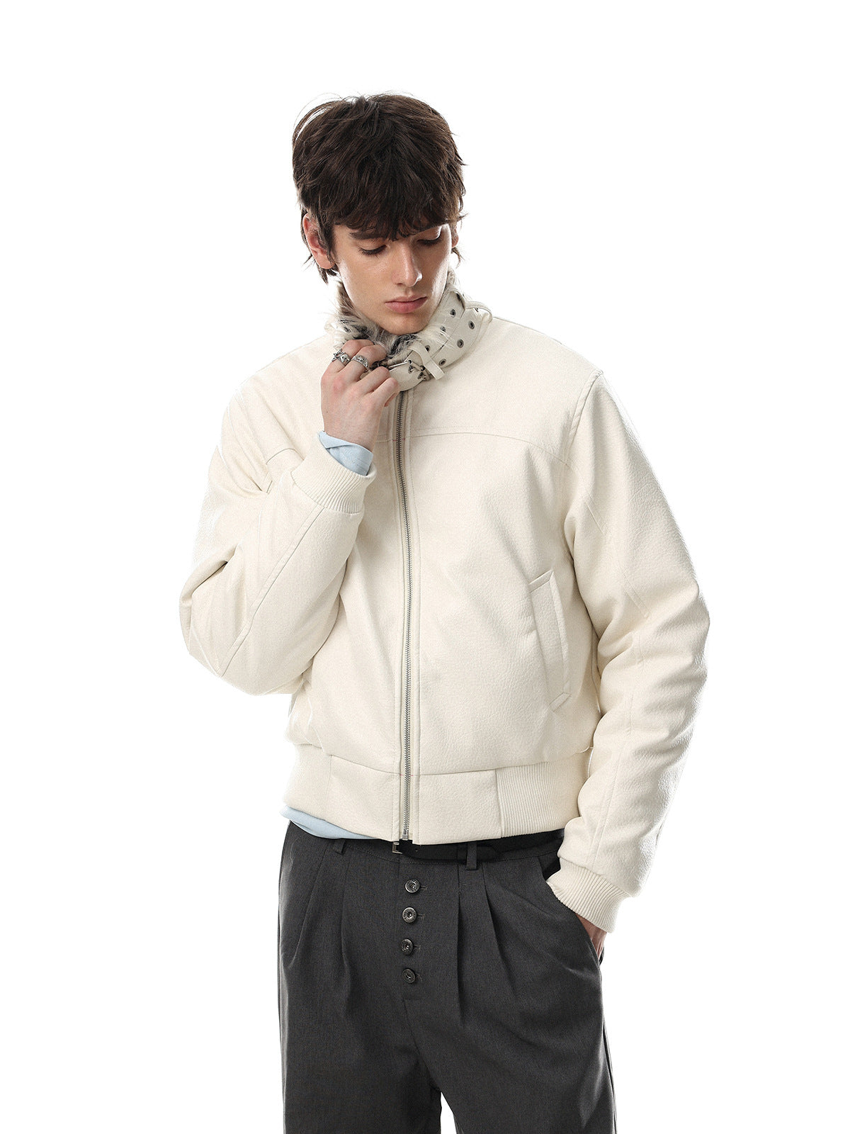 Faux Leather Bomber Jacket with Fur Collar and Buckle Detail