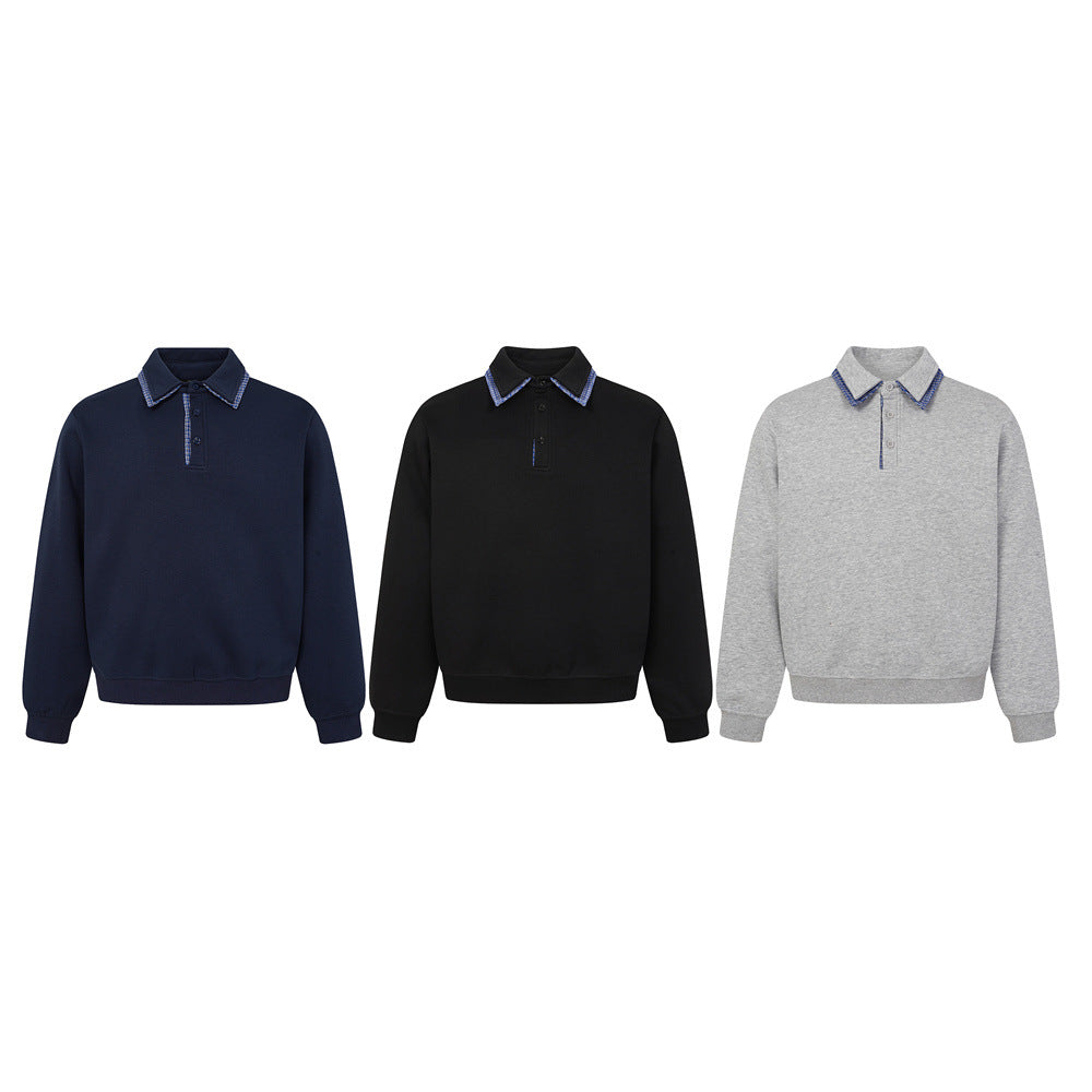 Sweat-shirt homme à col polo et bordure à carreaux | Coupe décontractée, manches longues