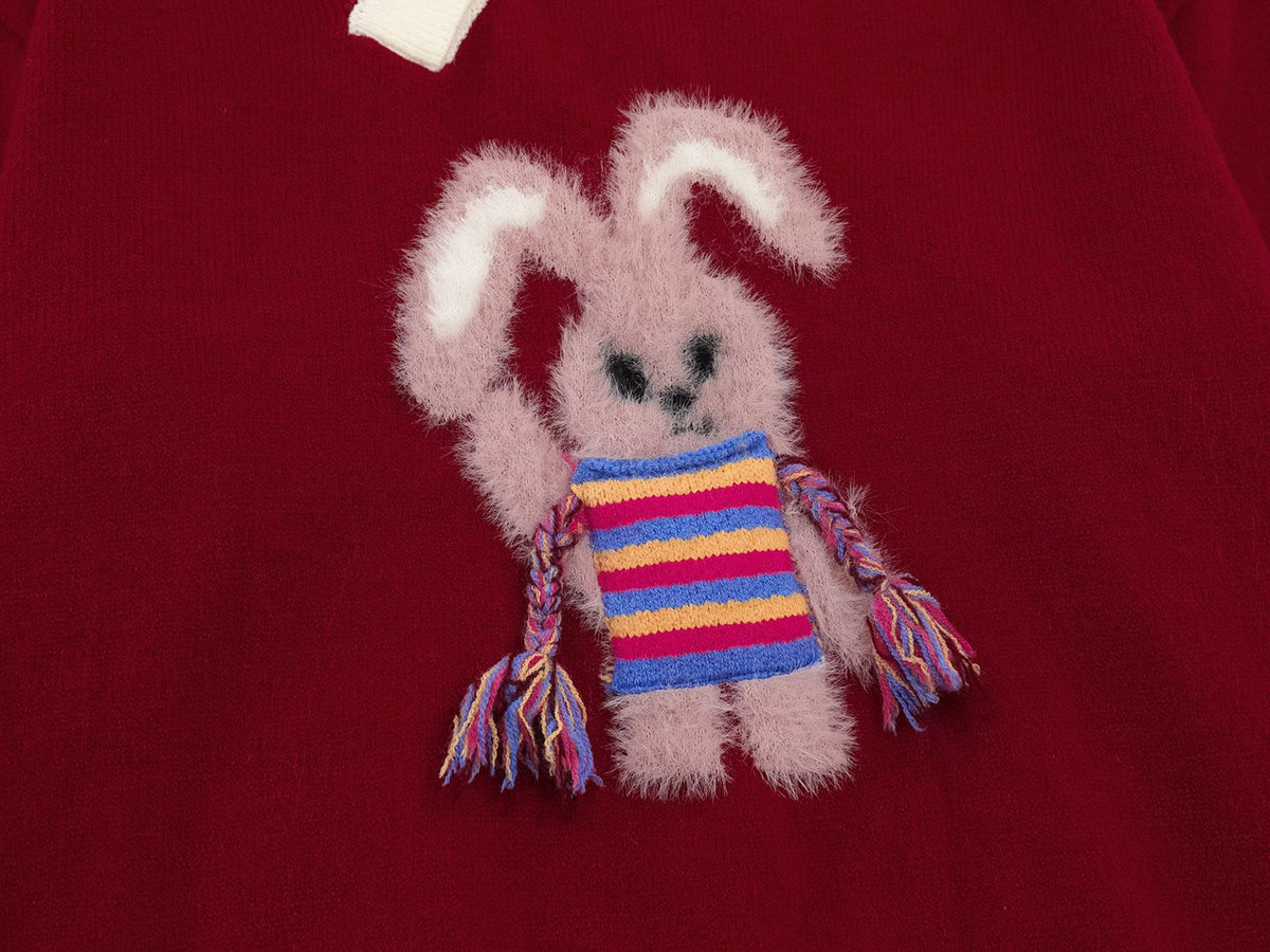 Cute Rabbit Jacquard Polo Collar Knit Sweater – Fluffy Bunny Graphic Pullover