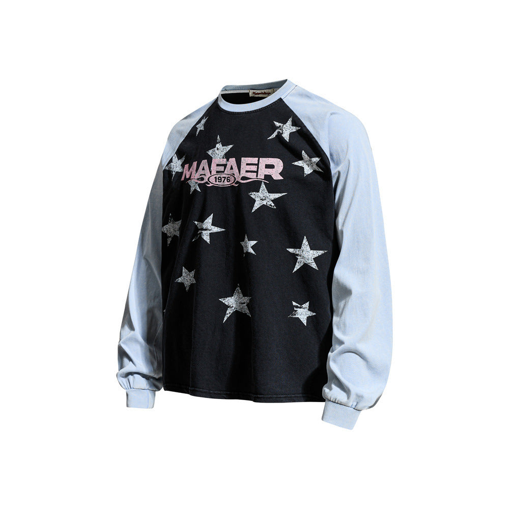 Three-quarter front view of black star print raglan tee with light blue sleeves and MAFAER 1976 graphic