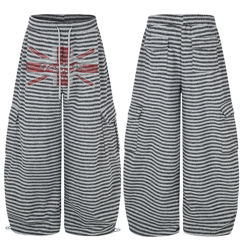 Wide-Leg Striped Cargo Pants with Union Jack Rhinestone Detail