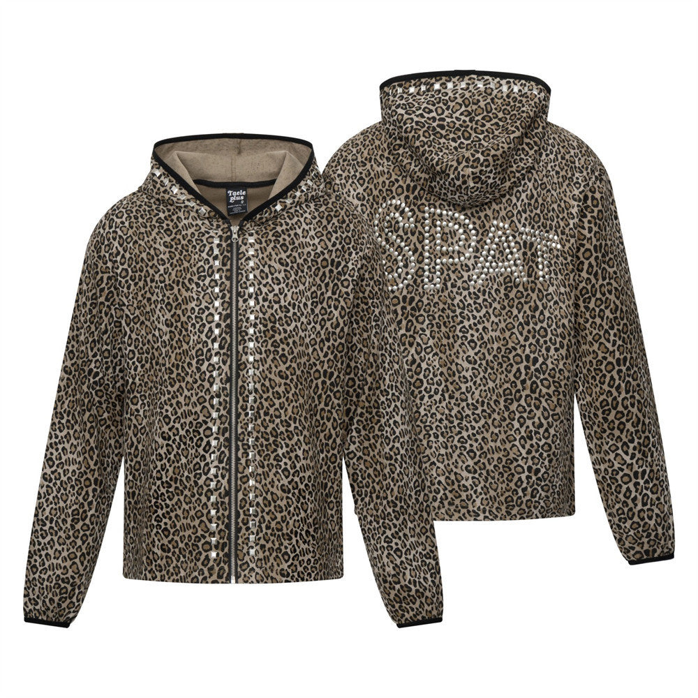Oversized leopard print zip-up hoodie with silver stud trim on front zipper and rhinestone graphic on back panel