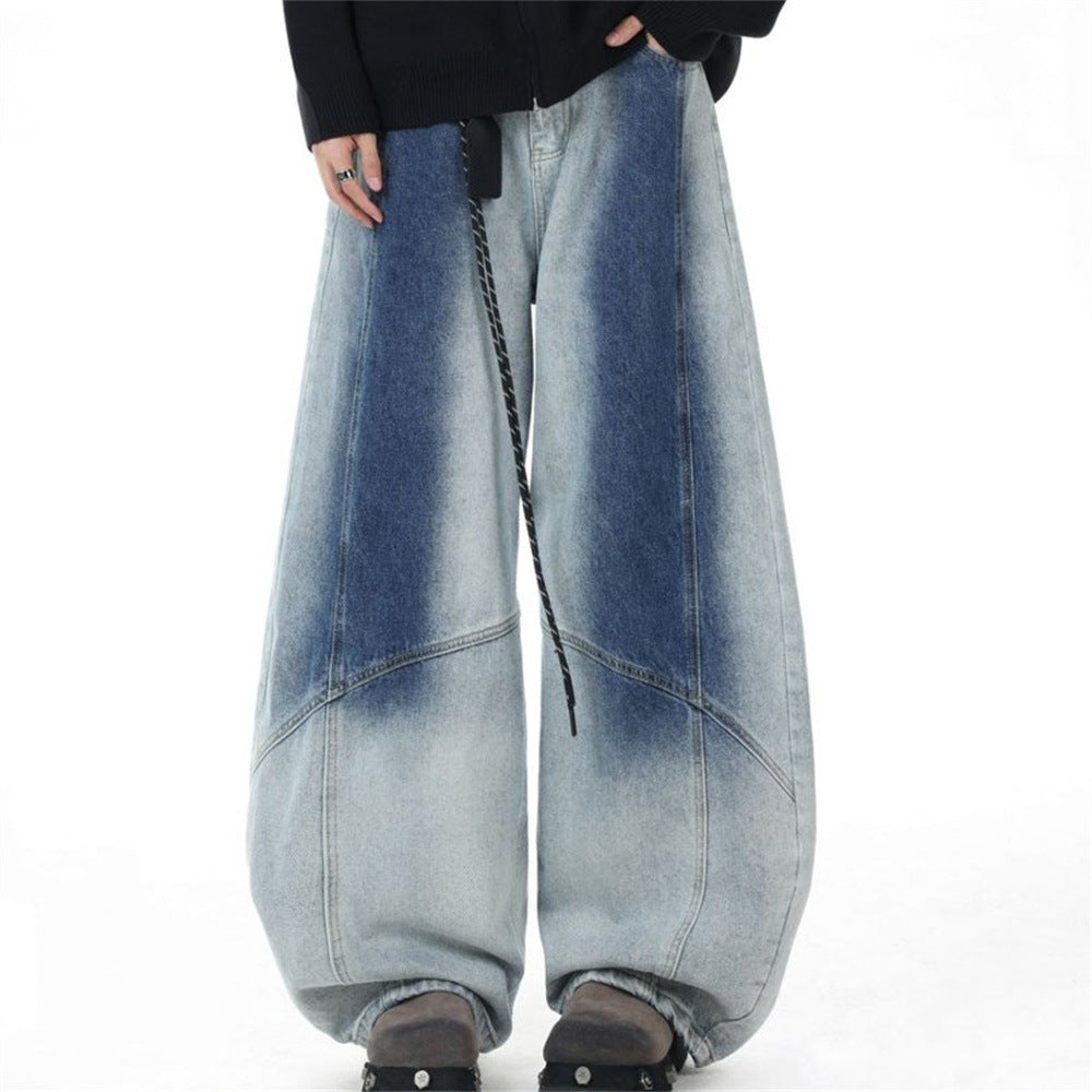 Wide-Leg Gradient Washed Jeans – Deconstructed Curved Seam Baggy Denim