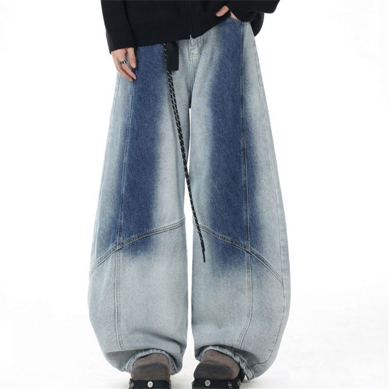 Wide-Leg Gradient Washed Jeans – Deconstructed Curved Seam Baggy Denim