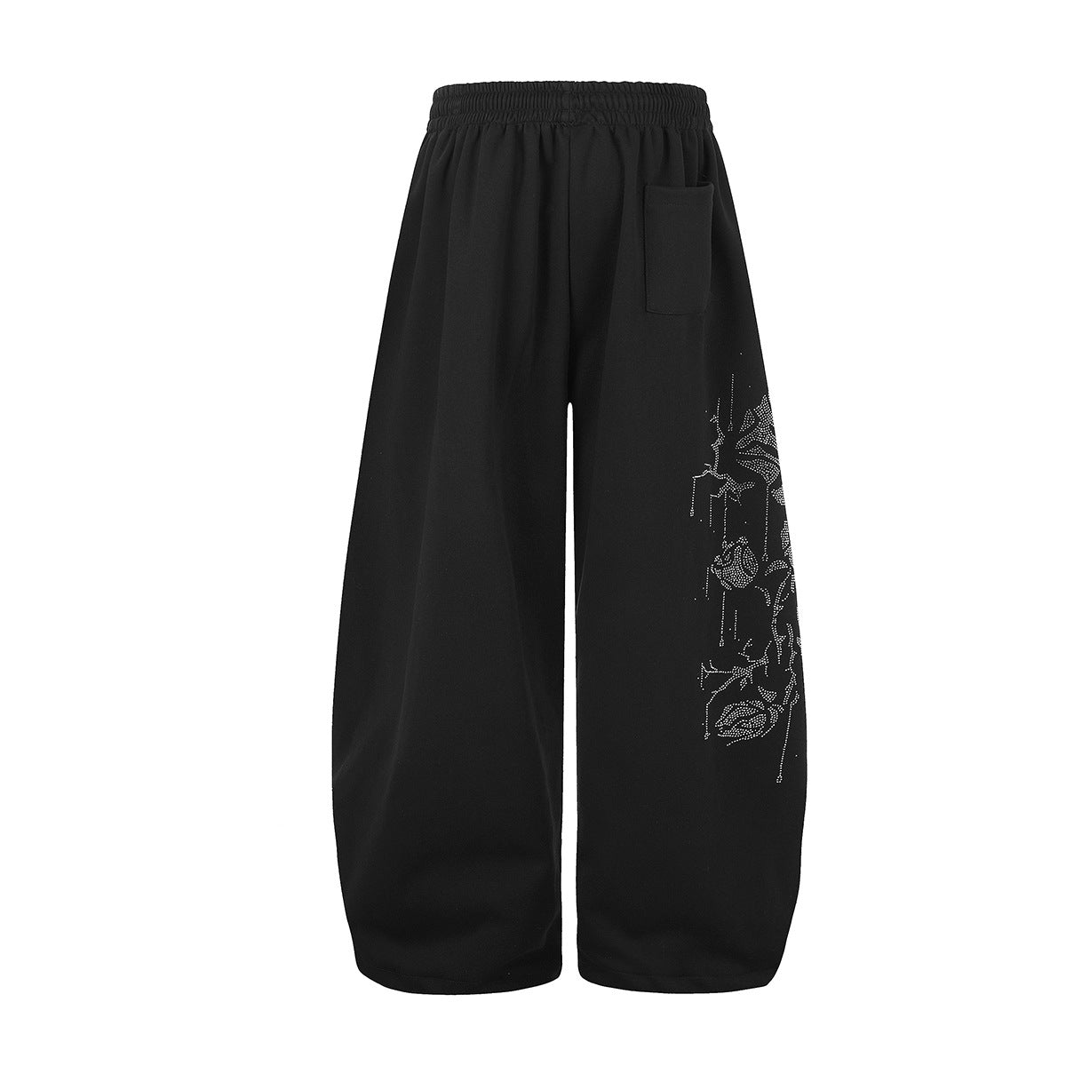 Wide-Leg Sweatpants with Rhinestone Rose Print & Drawstring Waist
