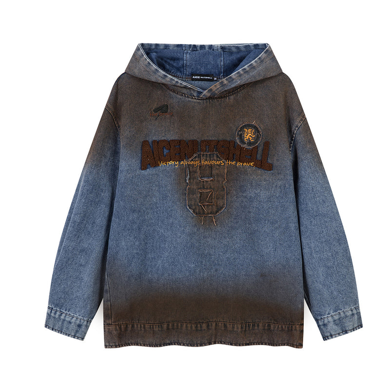 Washed Denim Hoodie Jacket – Boxy Fit with Embroidered Appliqué