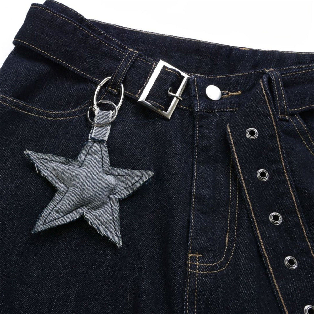 Wide-Leg Dark Indigo Jeans – Oversized Silhouette with Star Charm Belt &