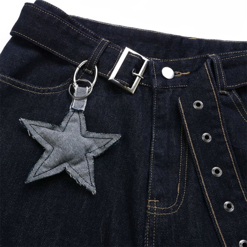 Wide-Leg Dark Indigo Jeans – Oversized Silhouette with Star Charm Belt &