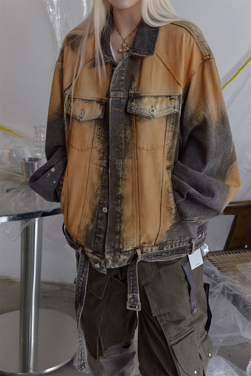 Oversized Acid-Wash Distressed Denim Jacket – Bleached Tie-Dye Punk Streetwear