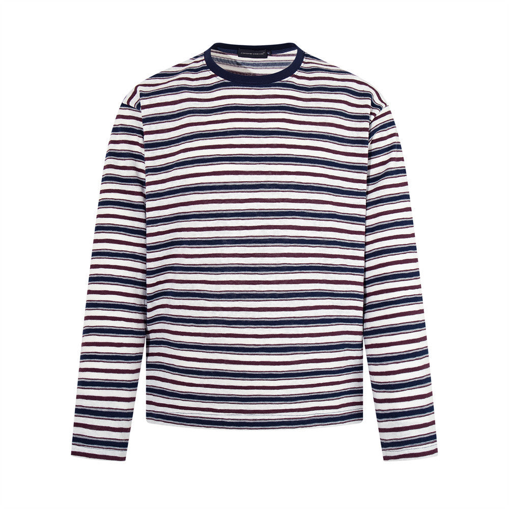 Men's relaxed fit long sleeve striped crew neck t-shirt in navy, burgundy and off-white horizontal stripes, front and back vi