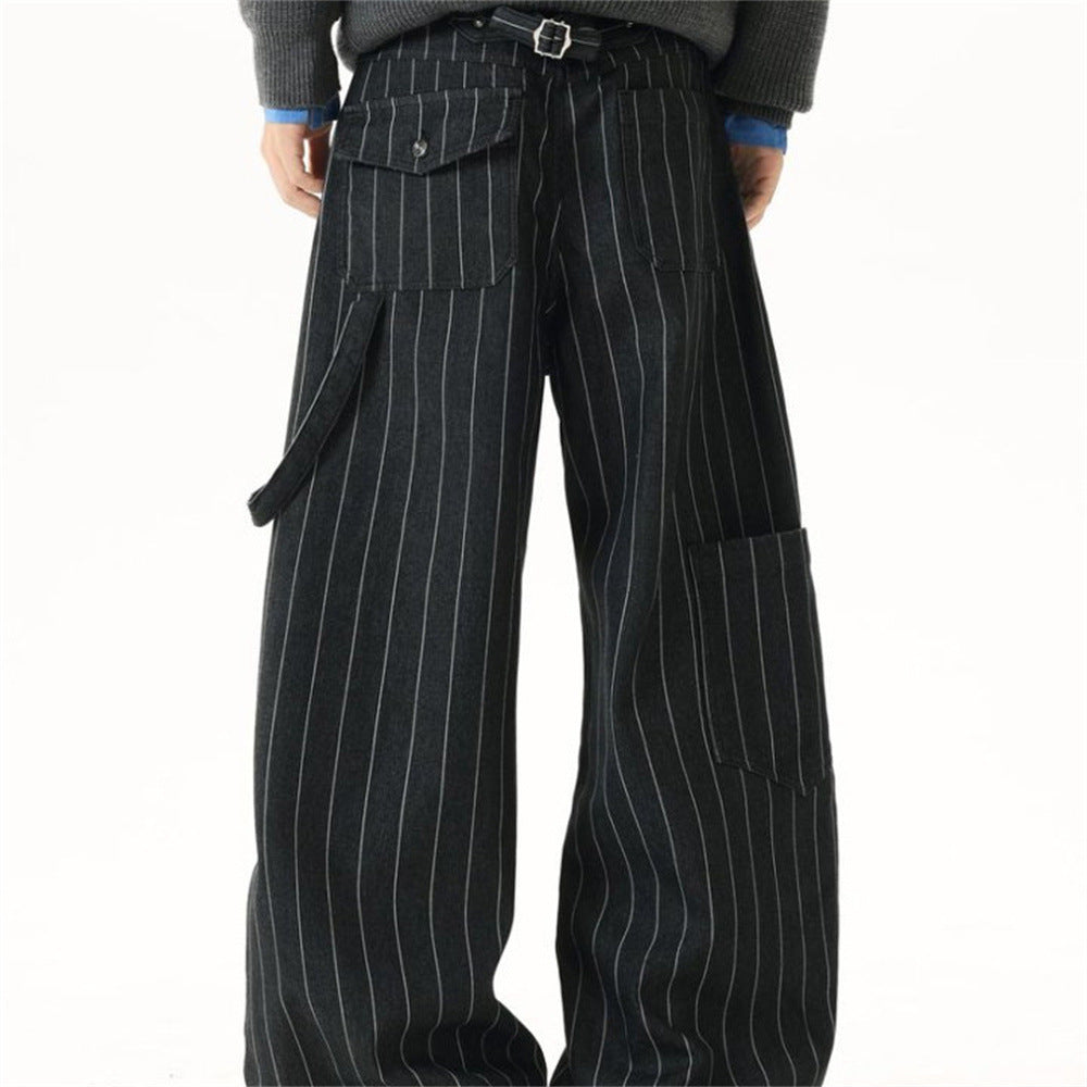 Wide-Leg Pinstripe Cargo Pants – Oversized Silhouette with Irregular Pockets