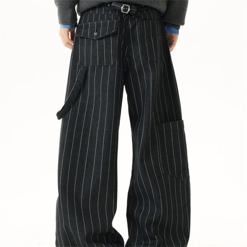 Wide-Leg Pinstripe Cargo Pants – Oversized Silhouette with Irregular Pockets