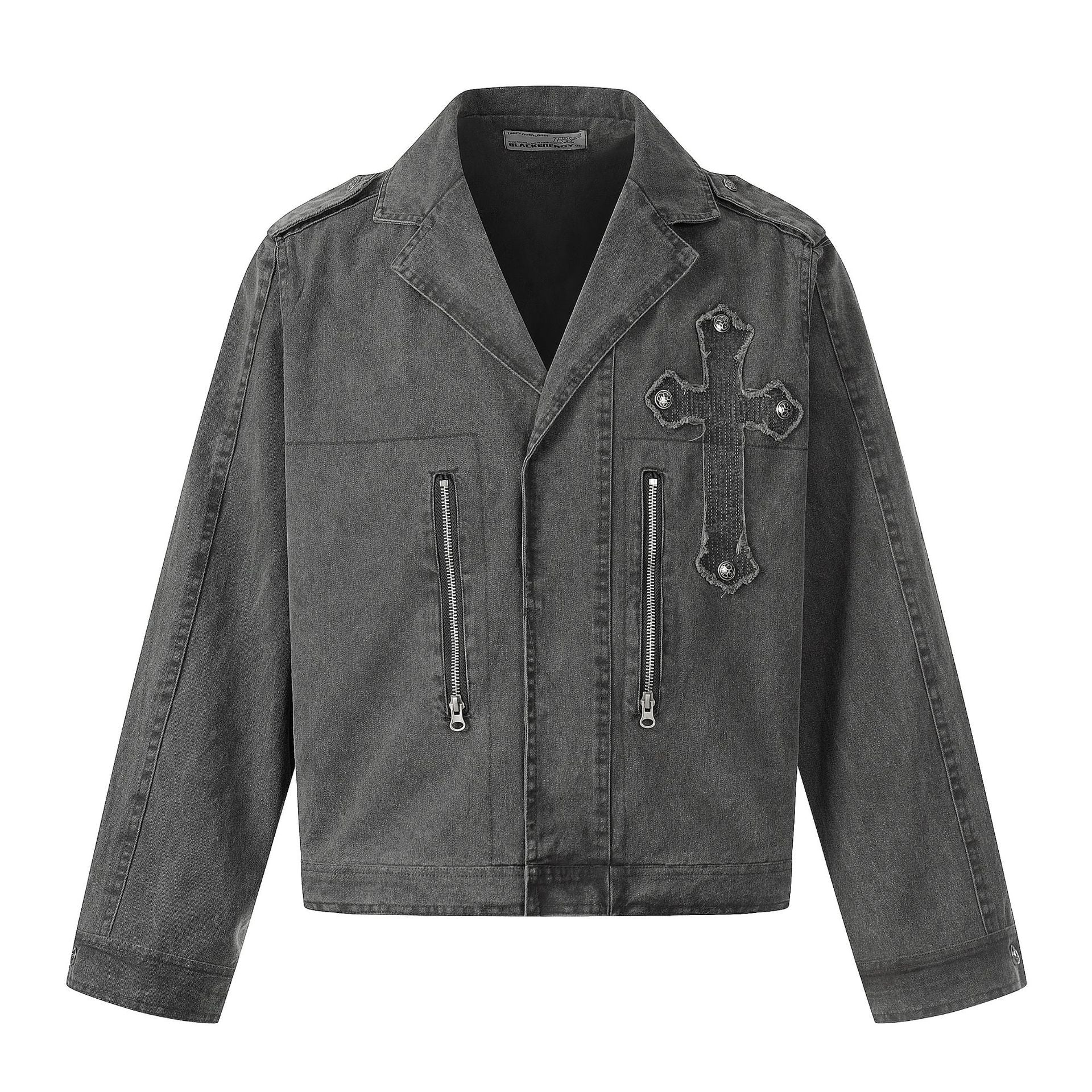 Veste biker en denim délavé avec écusson croix et rivets – Gris anthracite