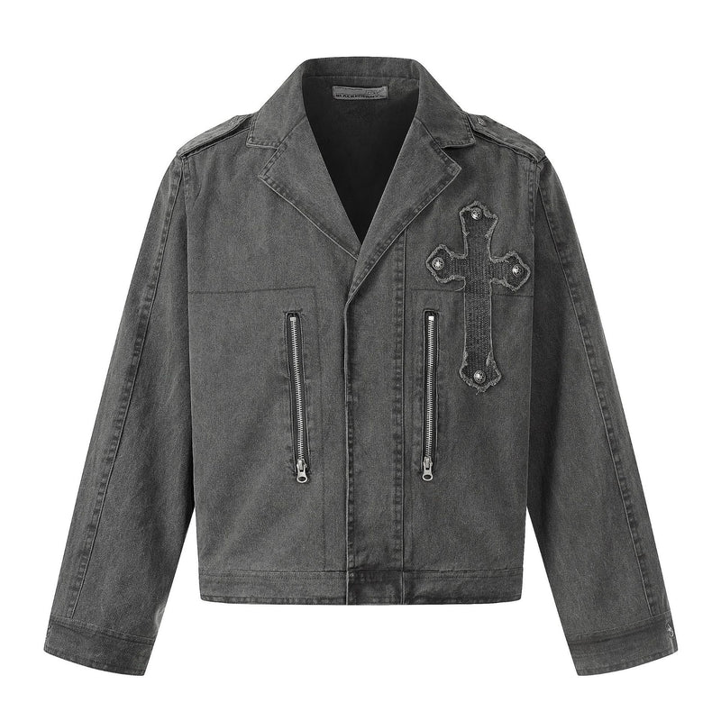 Veste biker en denim délavé avec écusson croix et rivets – Gris anthracite