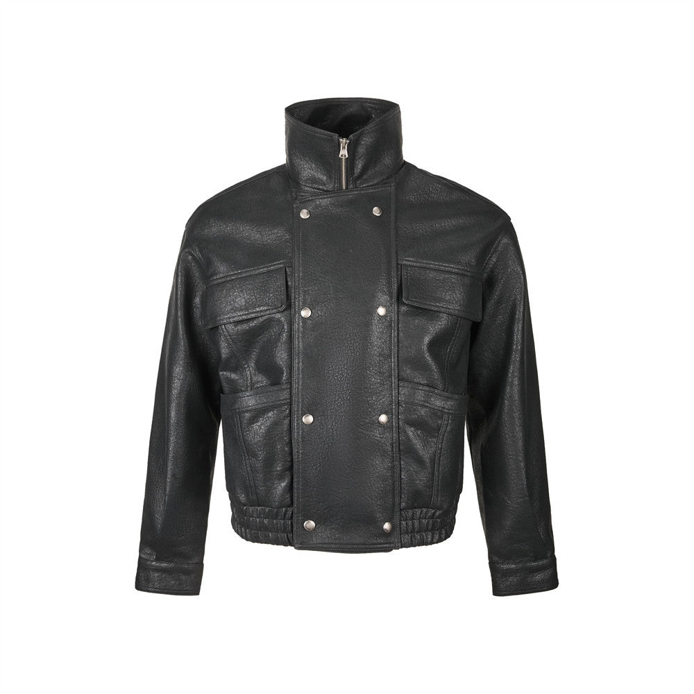 Men's Brown Leather Jacket PU Moto-Style High Collar Snap Button Bomber