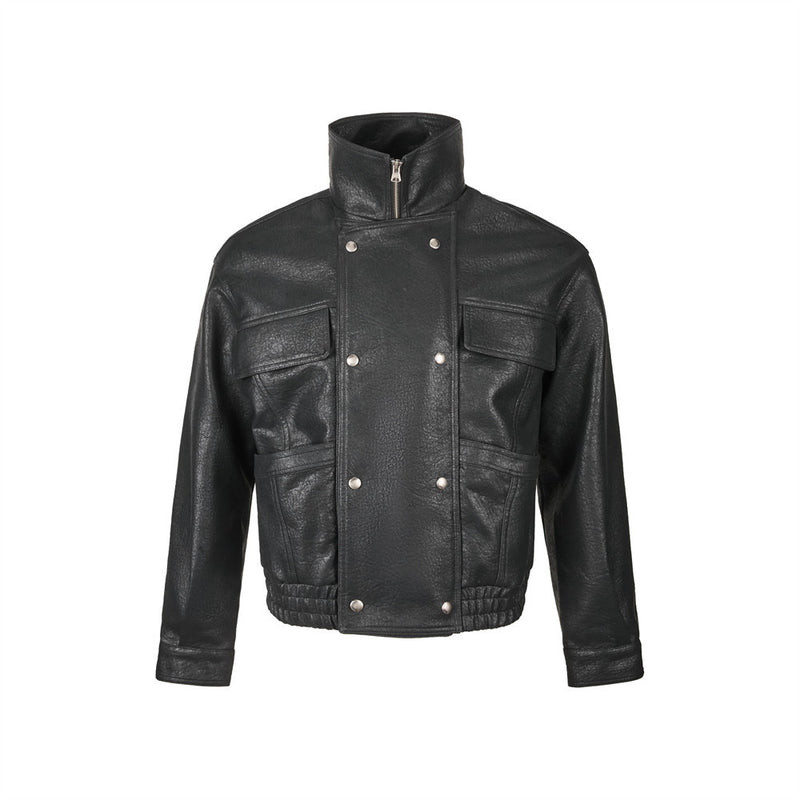 Men's Brown Leather Jacket PU Moto-Style High Collar Snap Button Bomber