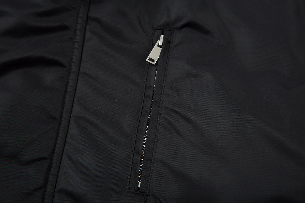 Padded Bomber Jacket with Detachable Faux Fur Hood & Ruched Sleeves in Black
