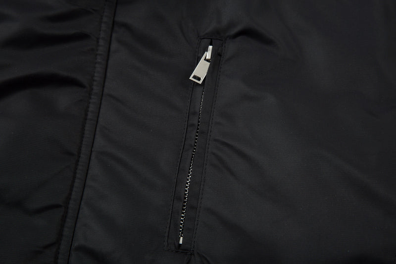 Padded Bomber Jacket with Detachable Faux Fur Hood & Ruched Sleeves in Black