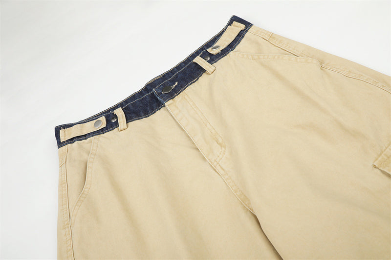 Herren-Cargohose in Khaki mit weitem, geradem Bein und kontrastierendem Denim-Bund