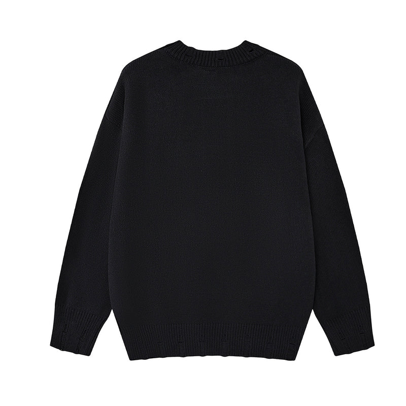 Pull en maille jacquard papillon – Col rond oversize avec broderie rose façon corde