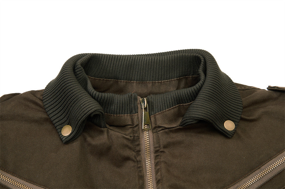 Washed Cargo Bomber Jacket – Men's Oversized Stand Collar with Double Chest Zips