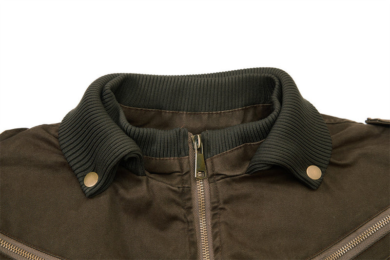 Washed Cargo Bomber Jacket – Men's Oversized Stand Collar with Double Chest Zips