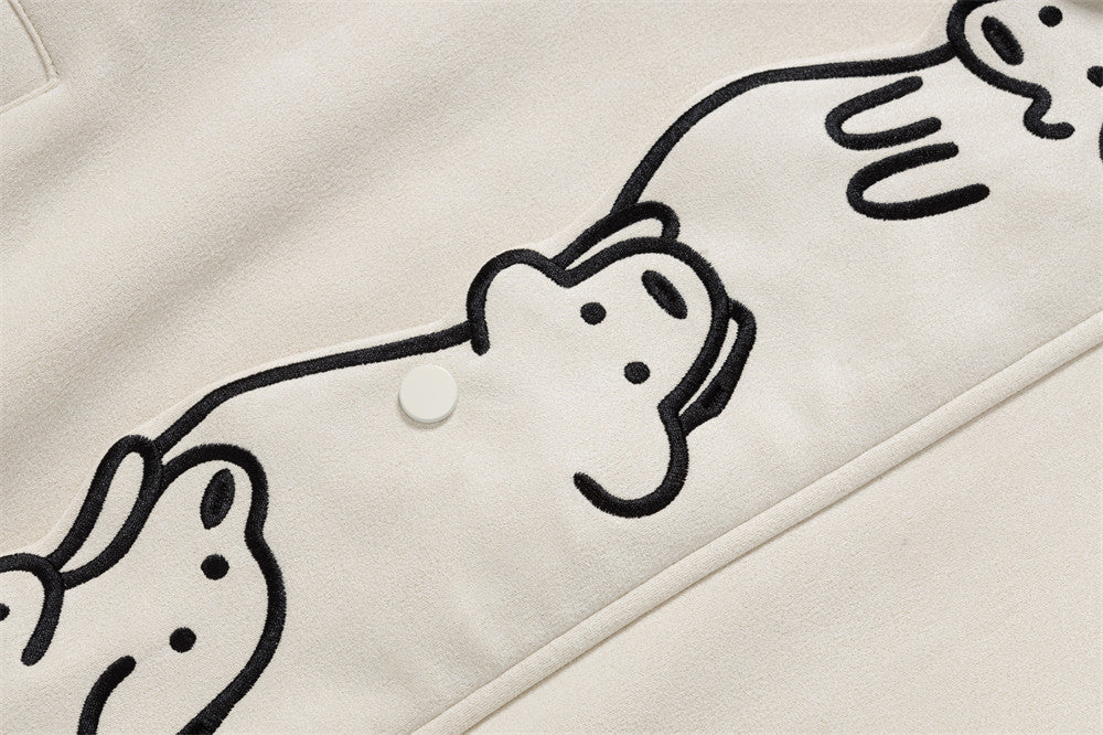 Varsity-Jacke mit Cartoon-Hunde-Stickerei – Oversize-Bomber mit Druckknöpfen