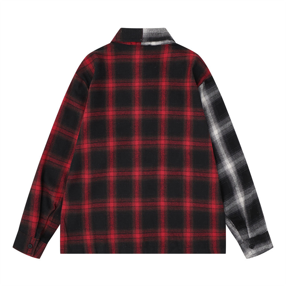 Back view of red and black plaid colorblock long sleeve shirt with white plaid sleeve panel