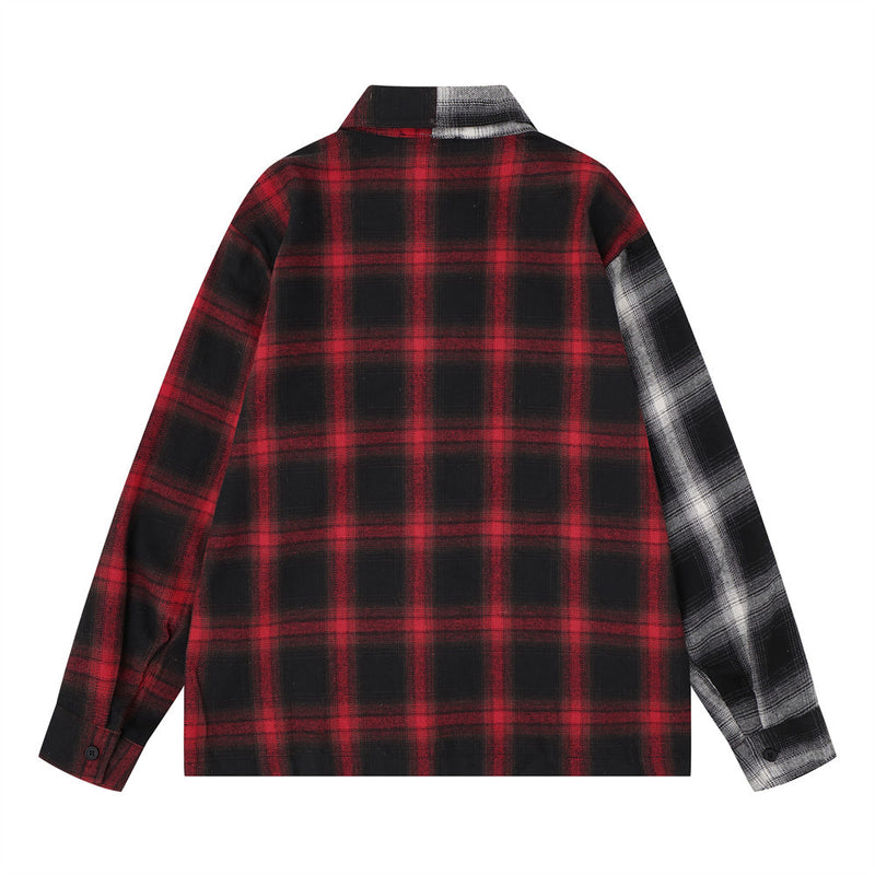 Back view of red and black plaid colorblock long sleeve shirt with white plaid sleeve panel